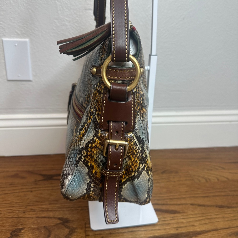 Dooney & Bourke Python Leather Shoulder Brown Blue Snakeskin Bag Red Lining - Picture 7 of 12